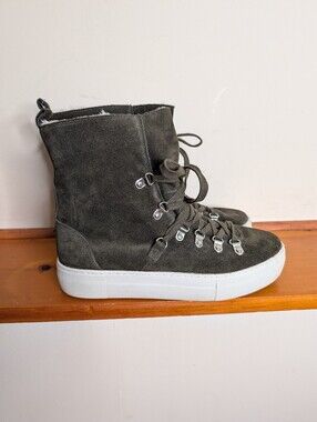 Renvy Suede Hiker Sneaker Boots 7.5 Olive Green Faux Fur Lined Lace Up Anthro